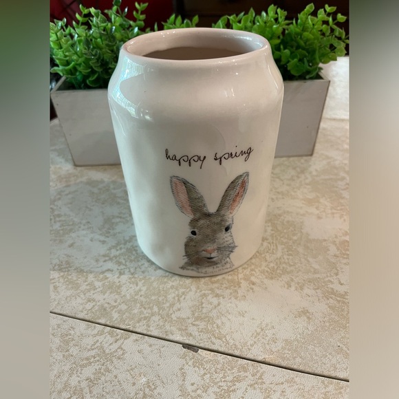 Rae Dunn 8.5” HAPPY SPRING Canister Magenta Pink Handle Bunny Rabbit 2017 - Picture 3 of 12